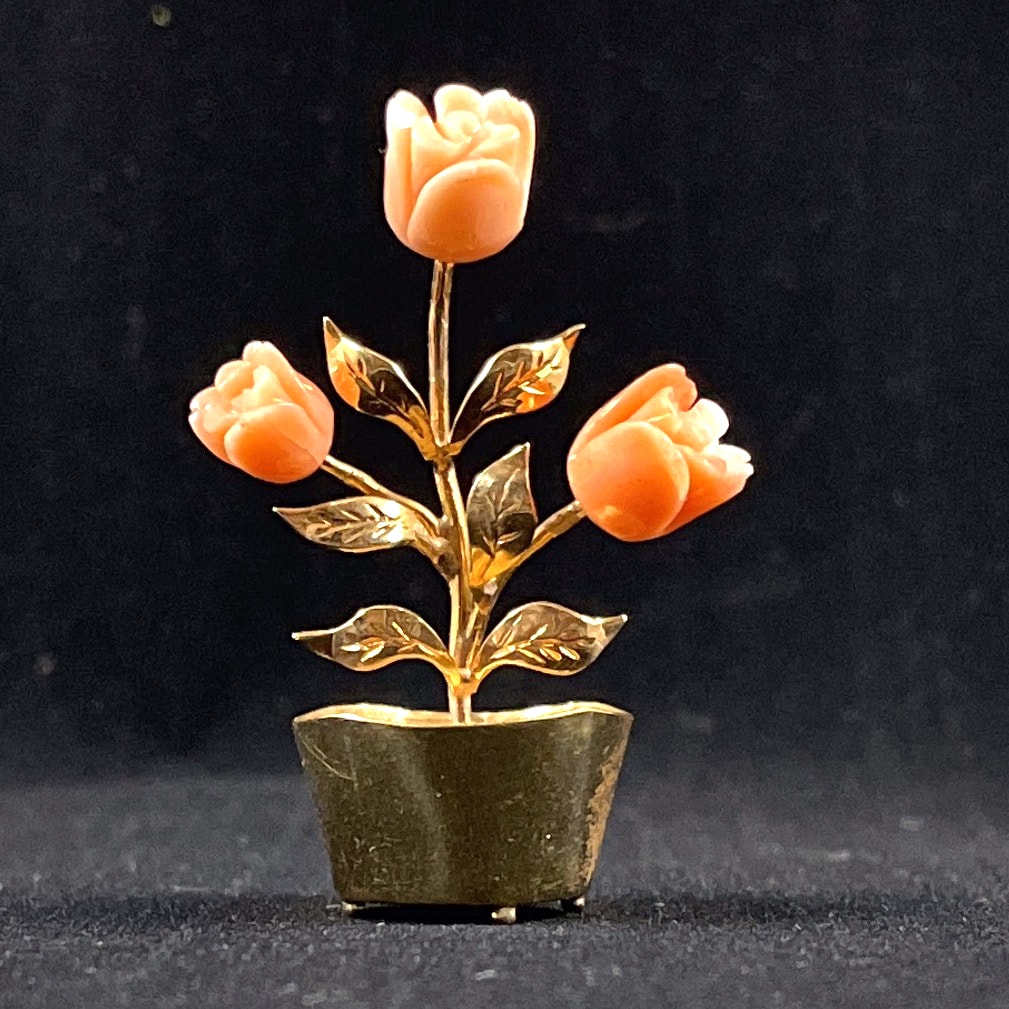 Coral & 18k Gold Flower Sculpture