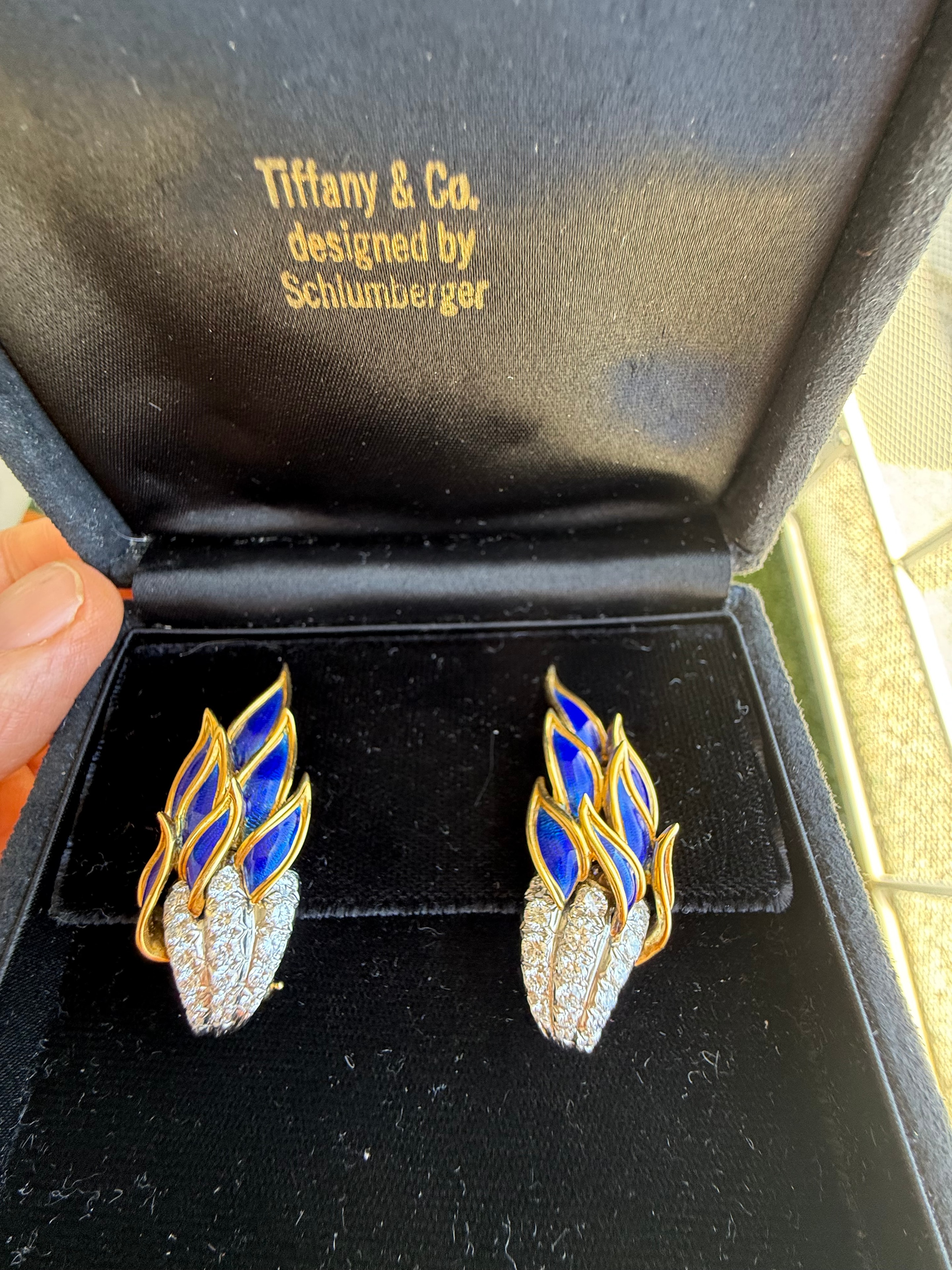 Tiffany & Co. by Schlumberger Blue Enamel & Diamond Earrings