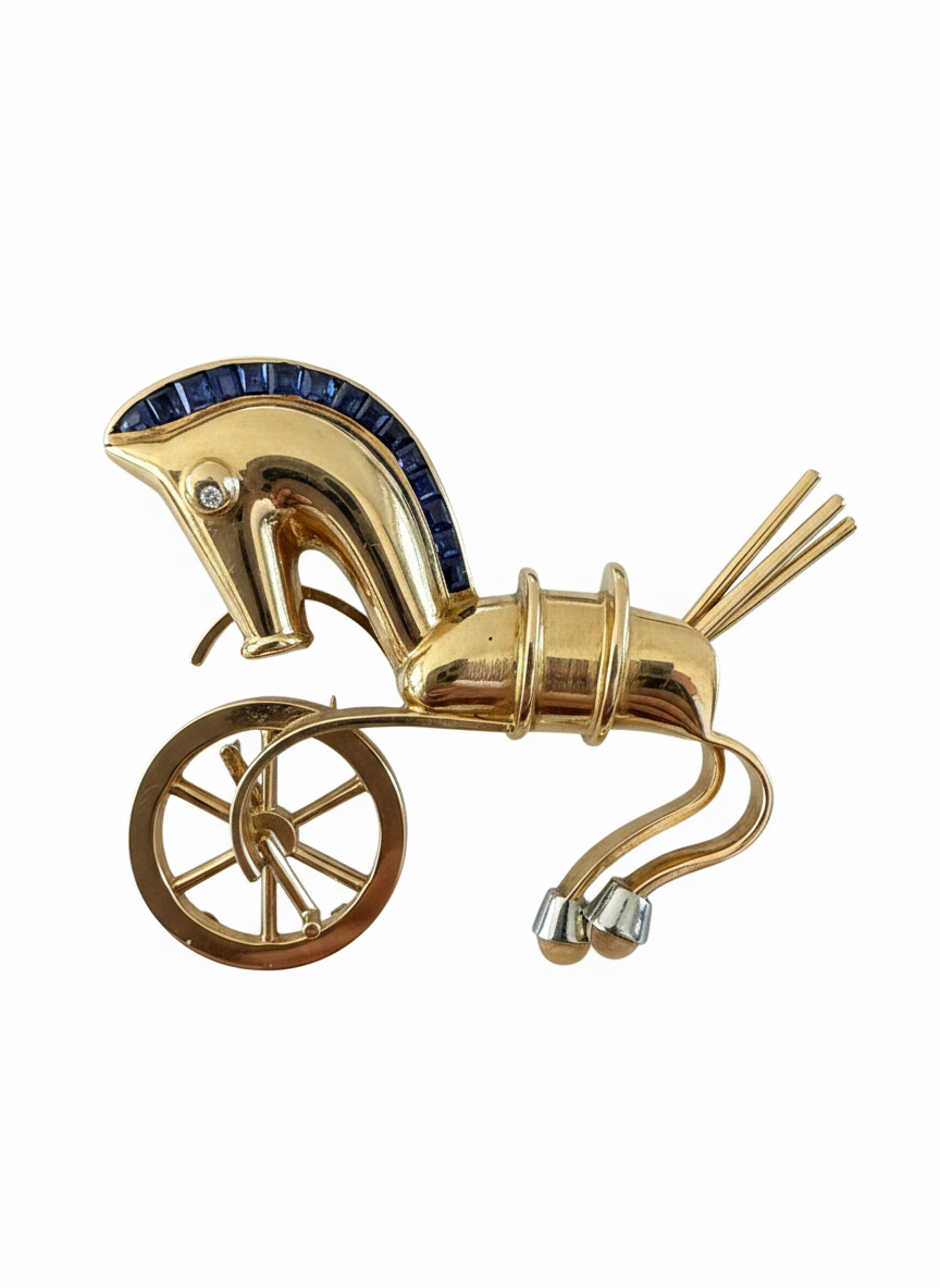 French Gold & Sapphire Chariot Brooch